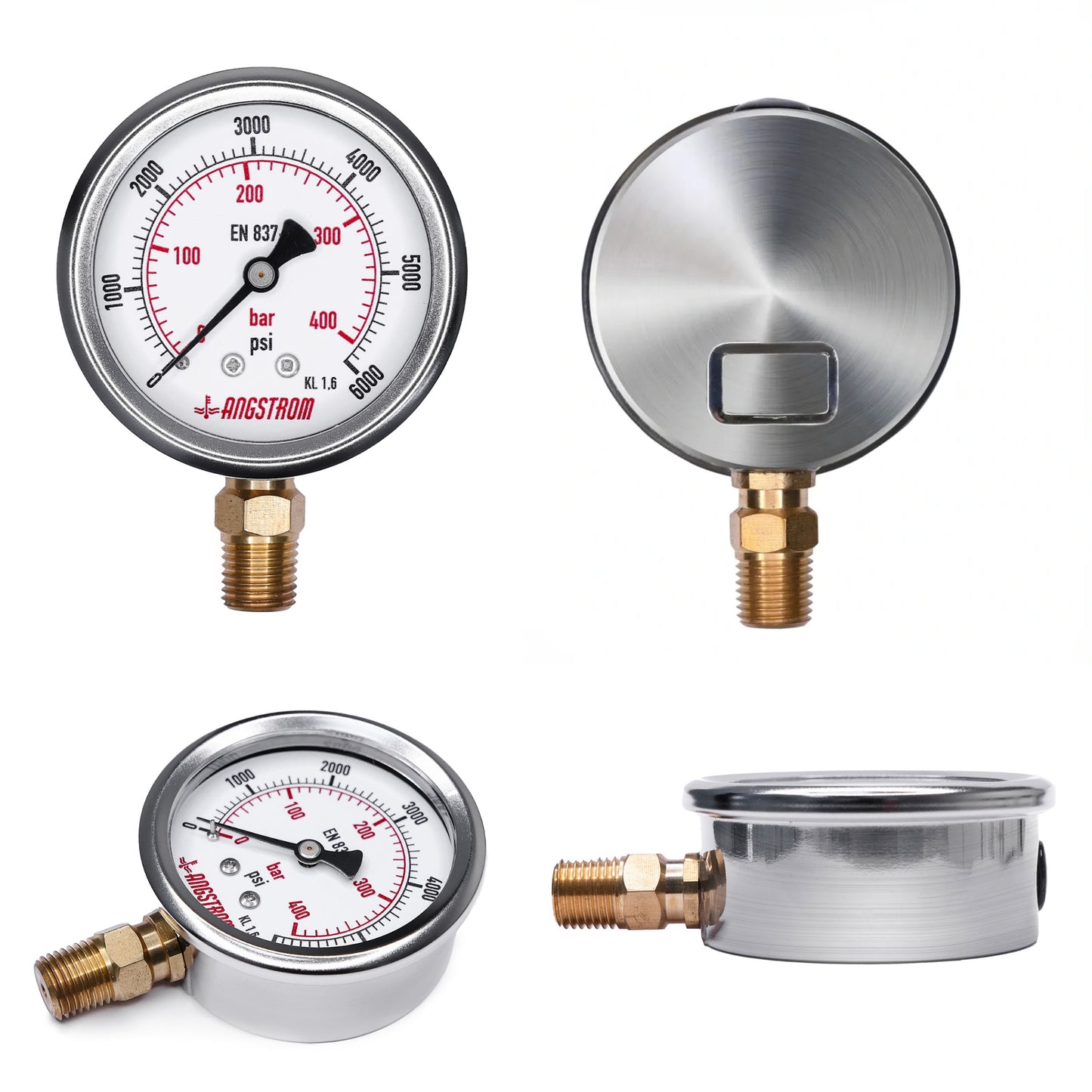 Angstrom Pressure Gauge 63mm lower mount, stainless steel case, all sides pic.