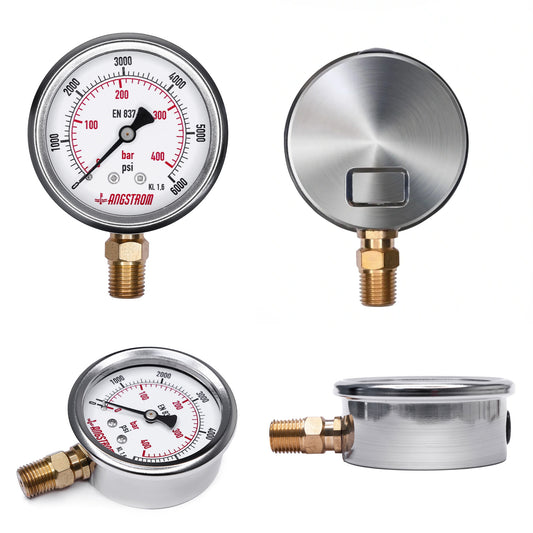 Angstrom Pressure Gauge 63mm lower mount, stainless steel case, all sides pic.