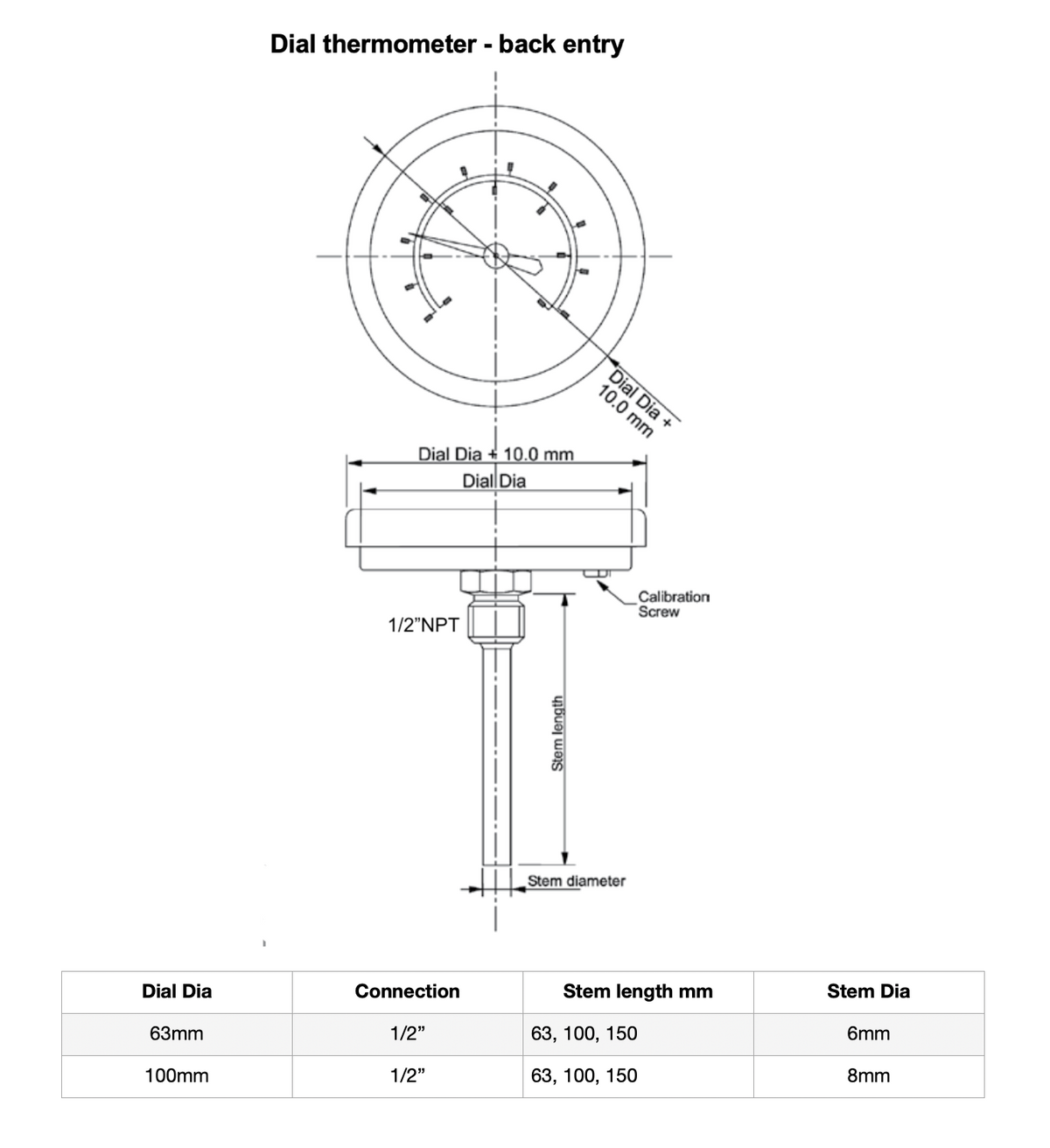 Angstrom bimetal thermometer center back mount technical drawing
