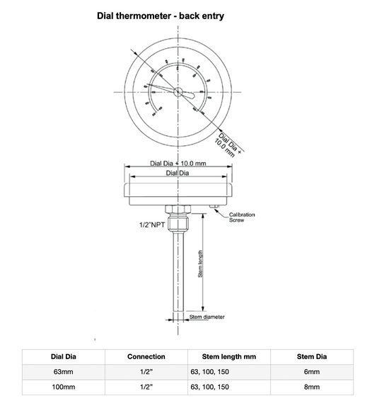 Angstrom bimetal thermometer, dial 63mm, center back mount, technical drawing