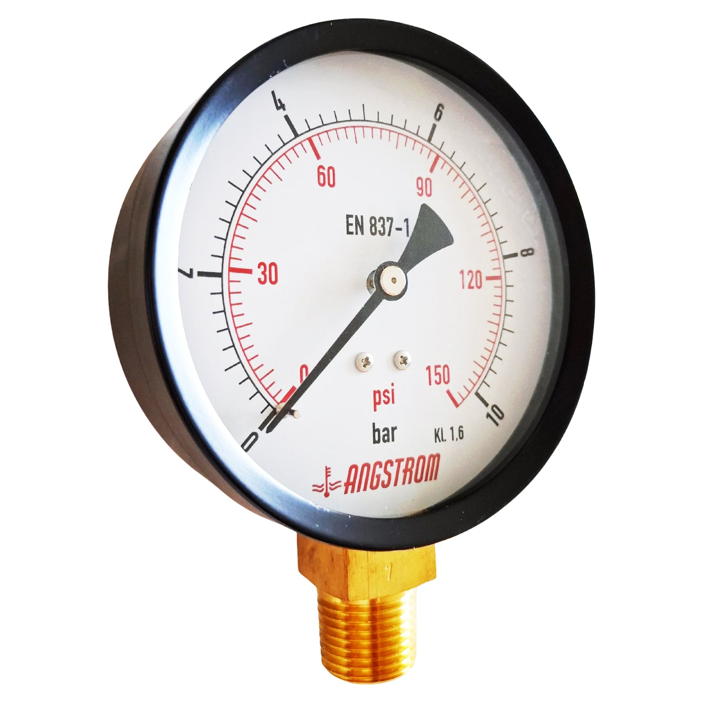 Angstrom black steel pressure gauge, dial 100mm, lower mount, 10bar