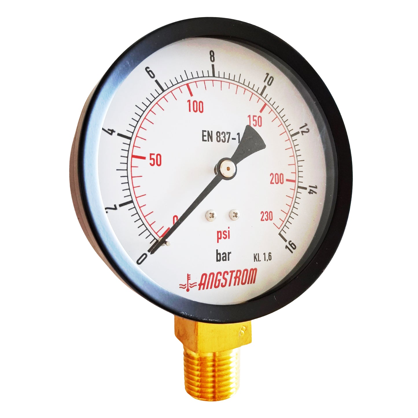 Angstrom black steel pressure gauge, dial 100mm, lower mount, 16bar