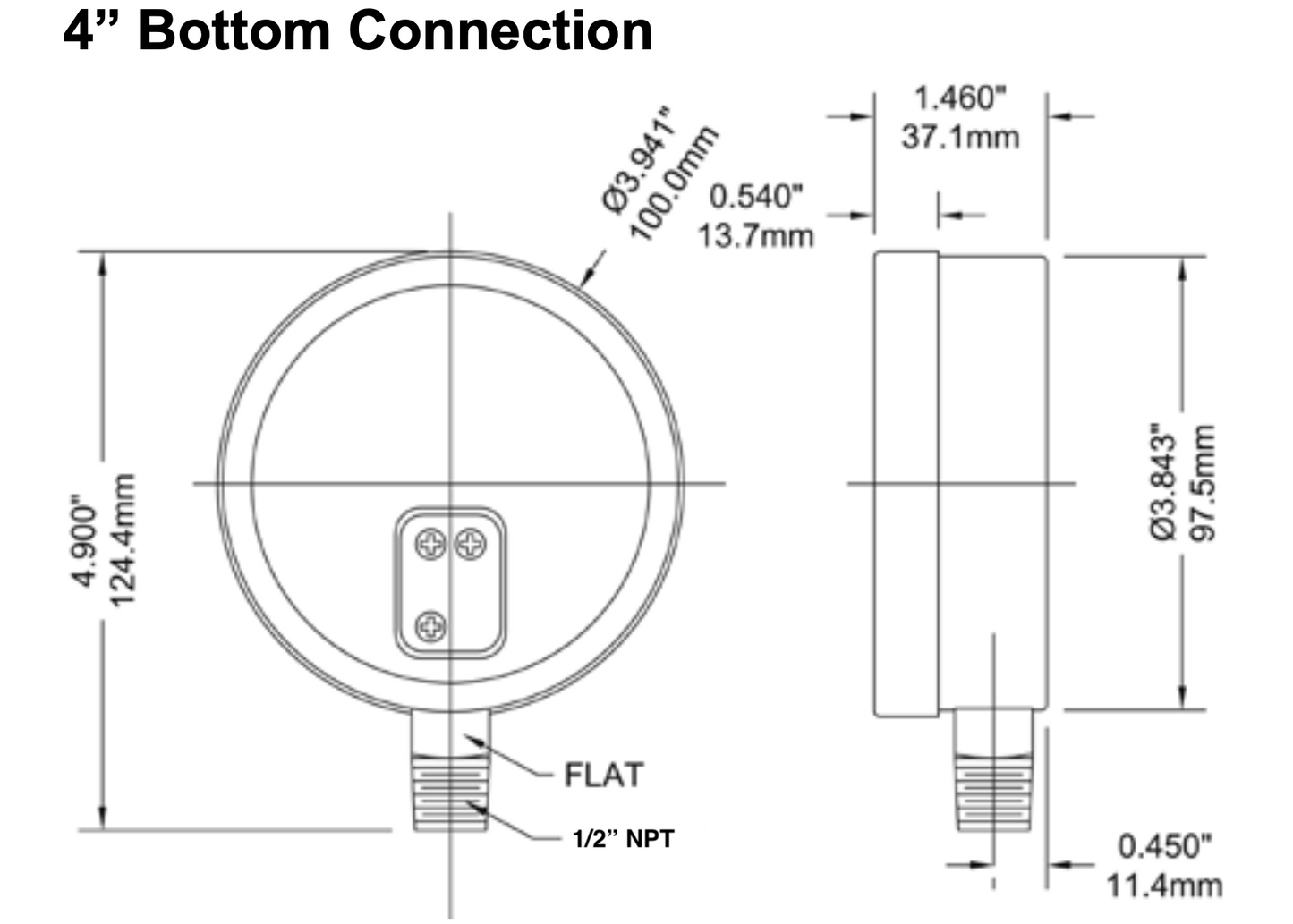 Angstrom black steel pressure gauge, dial 100mm, lower mount, technical drawing