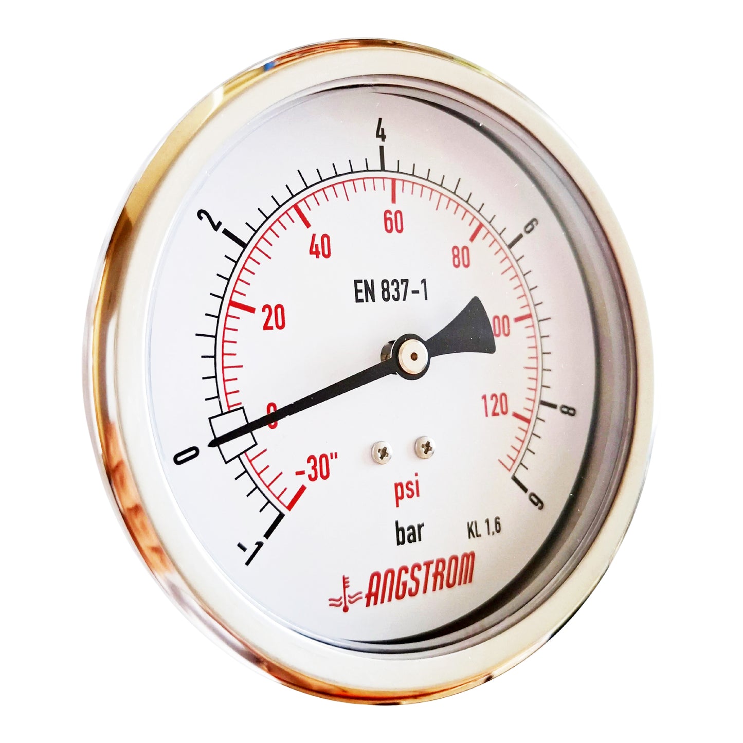 Angstrom compound pressure gauge, dial 100mm, center back mount, -1/+9bar
