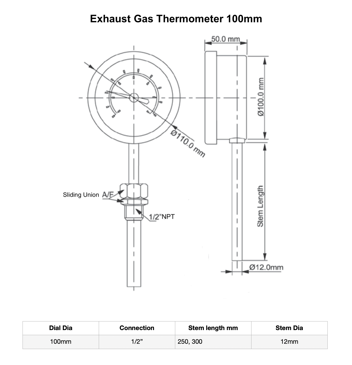 Angstrom Exhaust Gas, Bimetal Thermometer, technical drawing