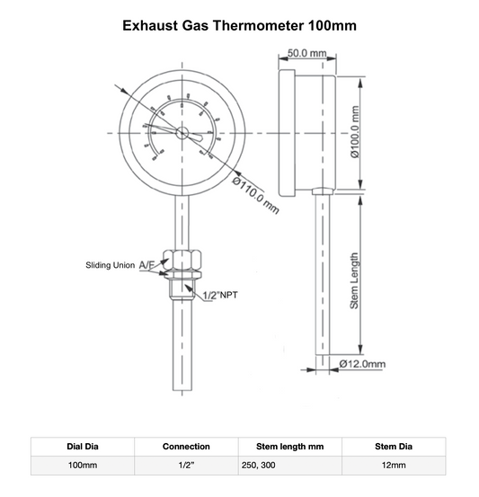 Angstrom Exhaust Gas, Bimetal Thermometer, technical drawing
