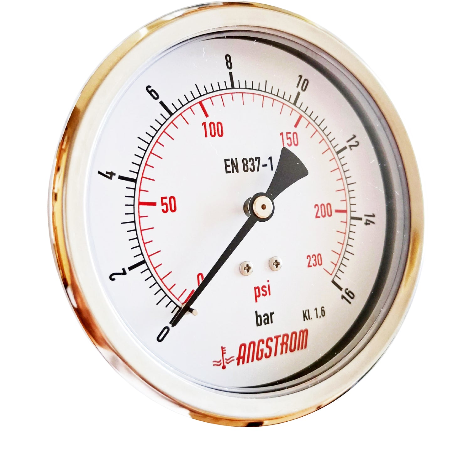 Angstrom pressure gauge, dial 100mm, center back mount, 16bar