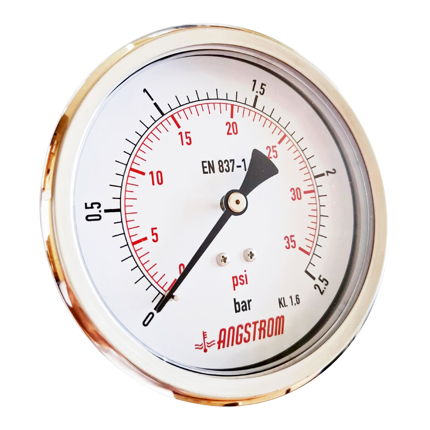 Angstrom pressure gauge, dial 100mm, center back mount, 2.5bar