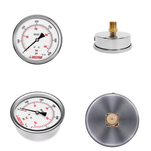 Angstrom pressure gauge, dial 100mm, center back mount, all sides view