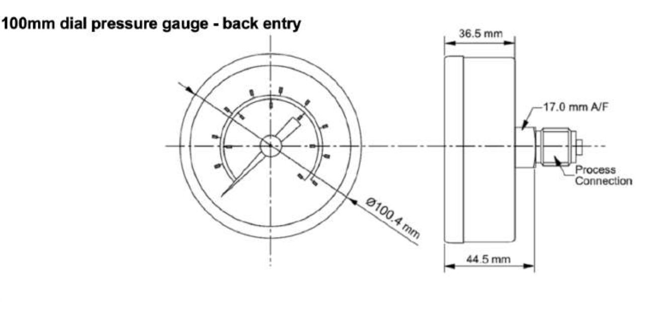 Angstrom pressure gauge, dial 100mm, center back mount, technical drawing