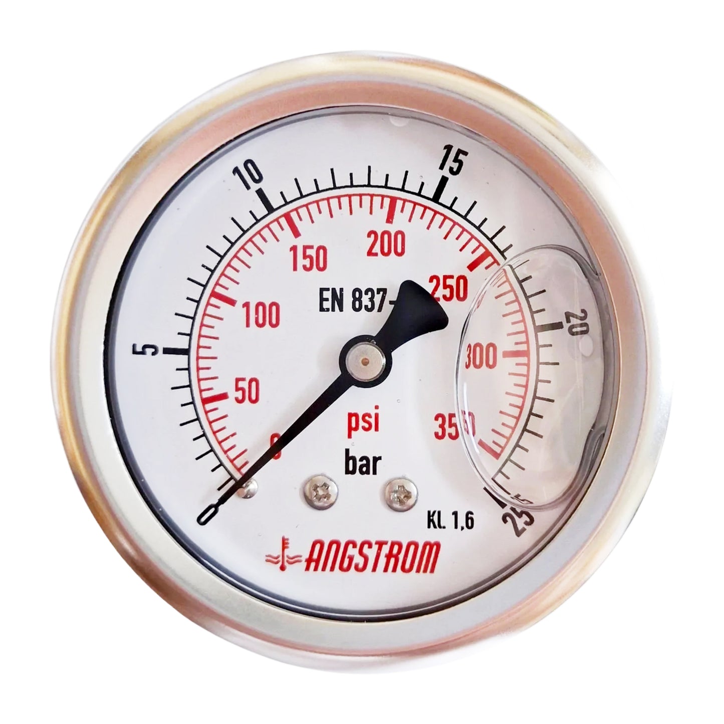 Angstrom pressure gauge, dial 63mm, center back mount, 25bar