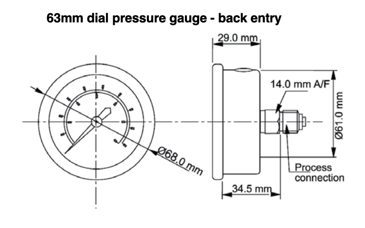 Angstrom pressure gauge, dial 63mm, center back mount, technical drawing