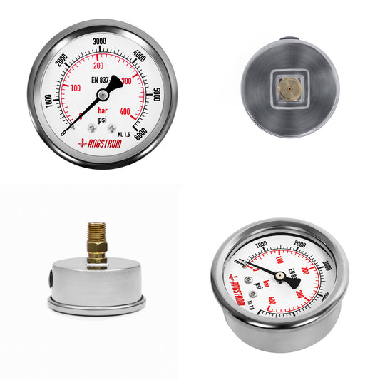 Angstrom pressure gauge, dial 63mm, center back mount, all side view