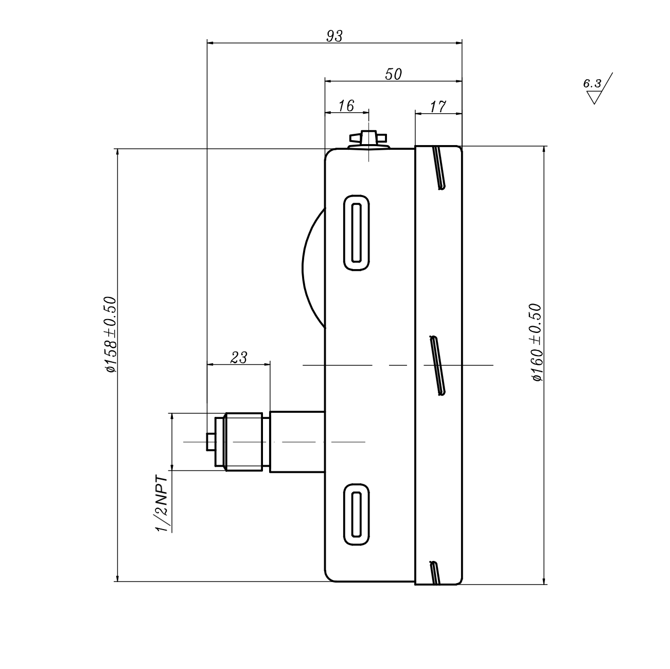Angstrom pressure gauge, heavy duty, dial 160mm, lower back mount, technical drawing