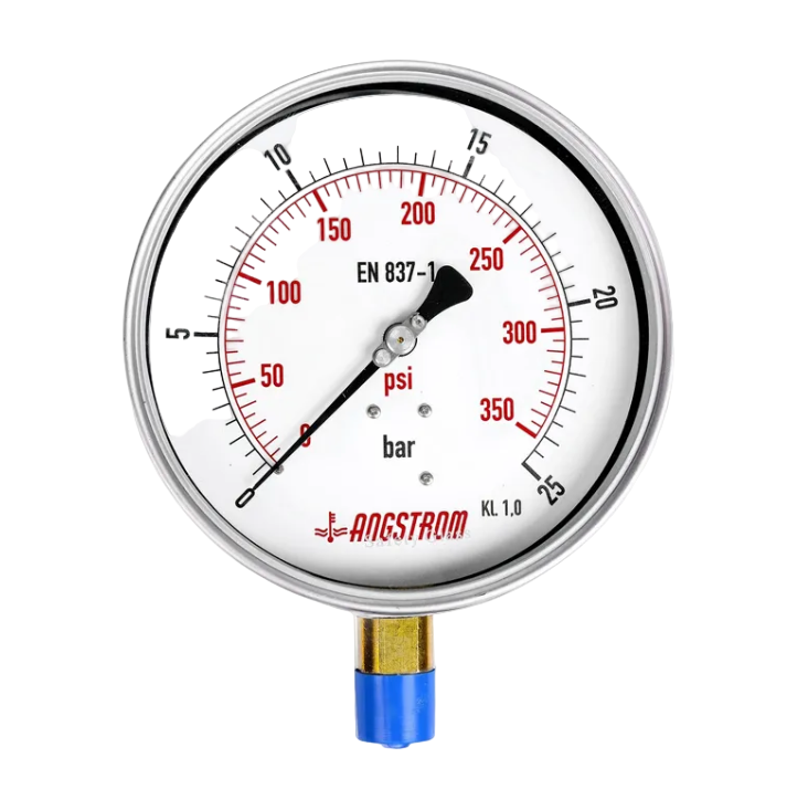 Angstrom pressure gauge, heavy duty, dial 160mm, lower mount, 25bar