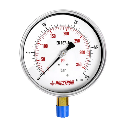 Angstrom Pressure Gauge Dial 160mm Pressure 25 bar lower mount on white background