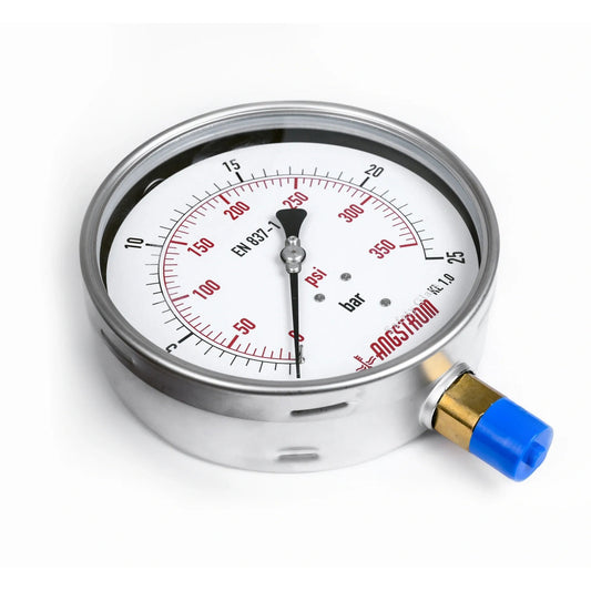 Angstrom pressure gauge, heavy duty, dial 160mm, lower mount, side top view