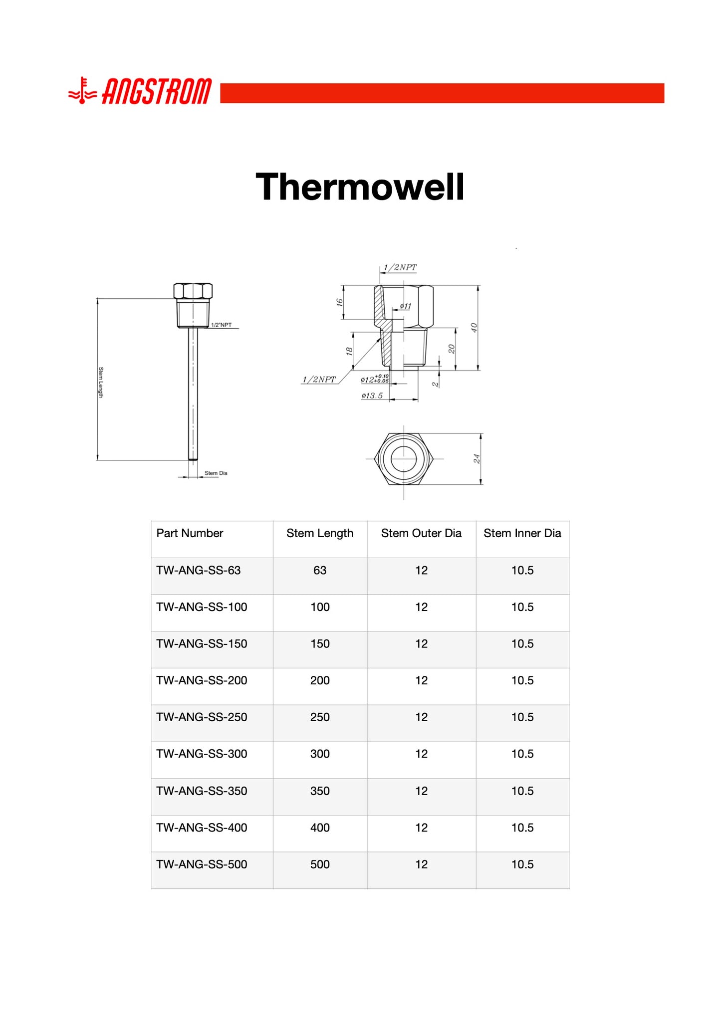 Angstrom thermowell product sheet with technical drawings and dimensions on a white background
