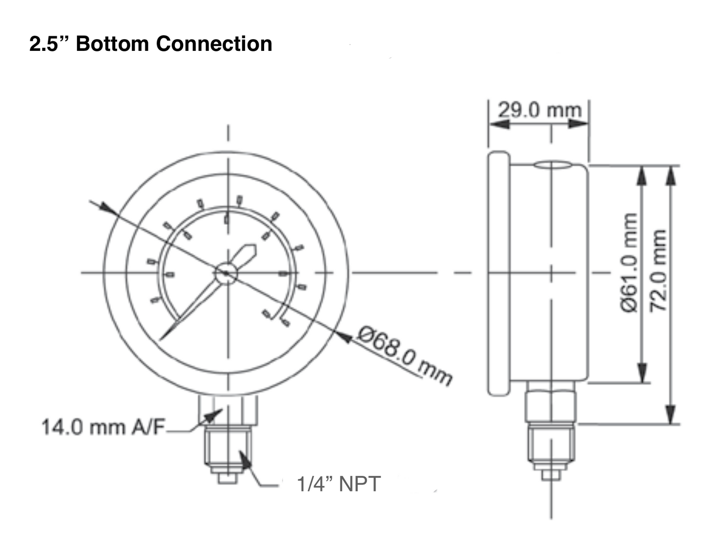 Angstrom pressure gauge 63mm lower mount technical drawing