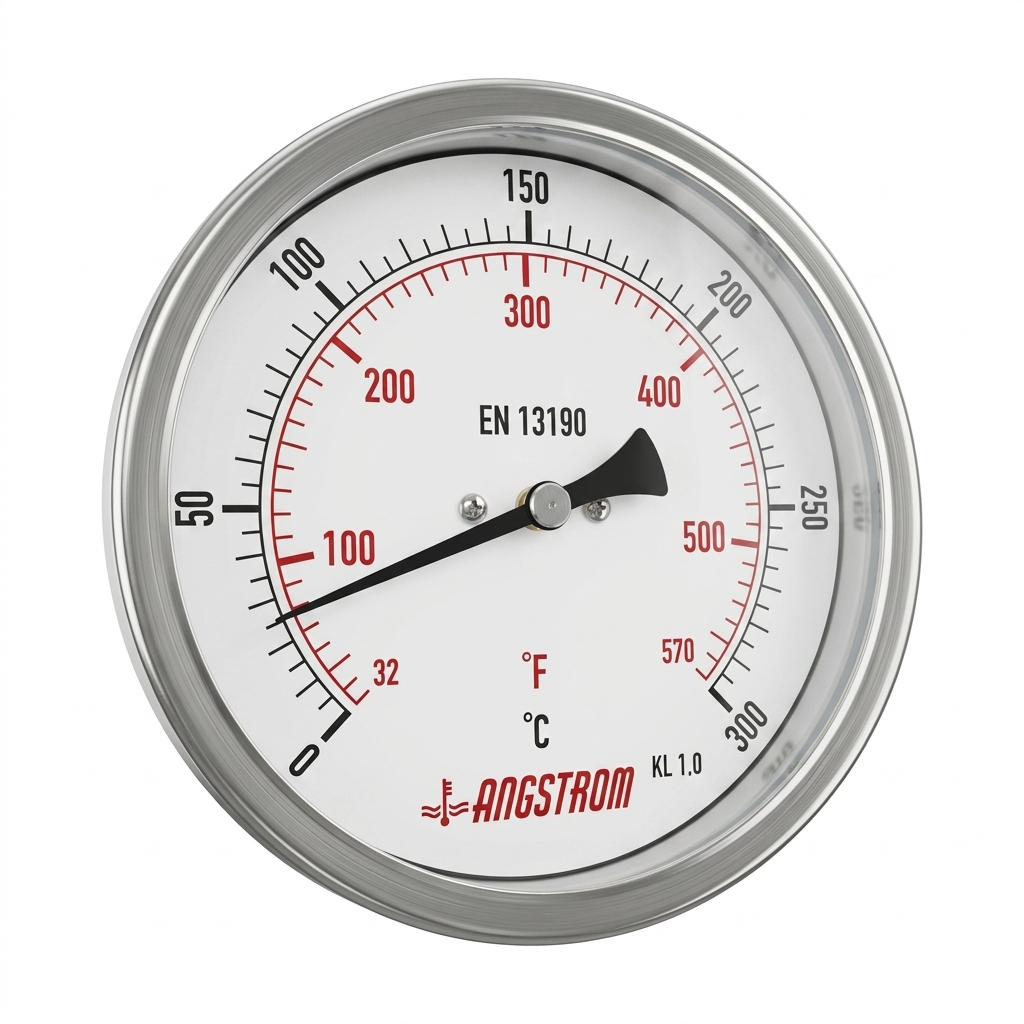 Angstrom bimetal thermometer adjustable angle 100 dial 0 to 300°C on white background