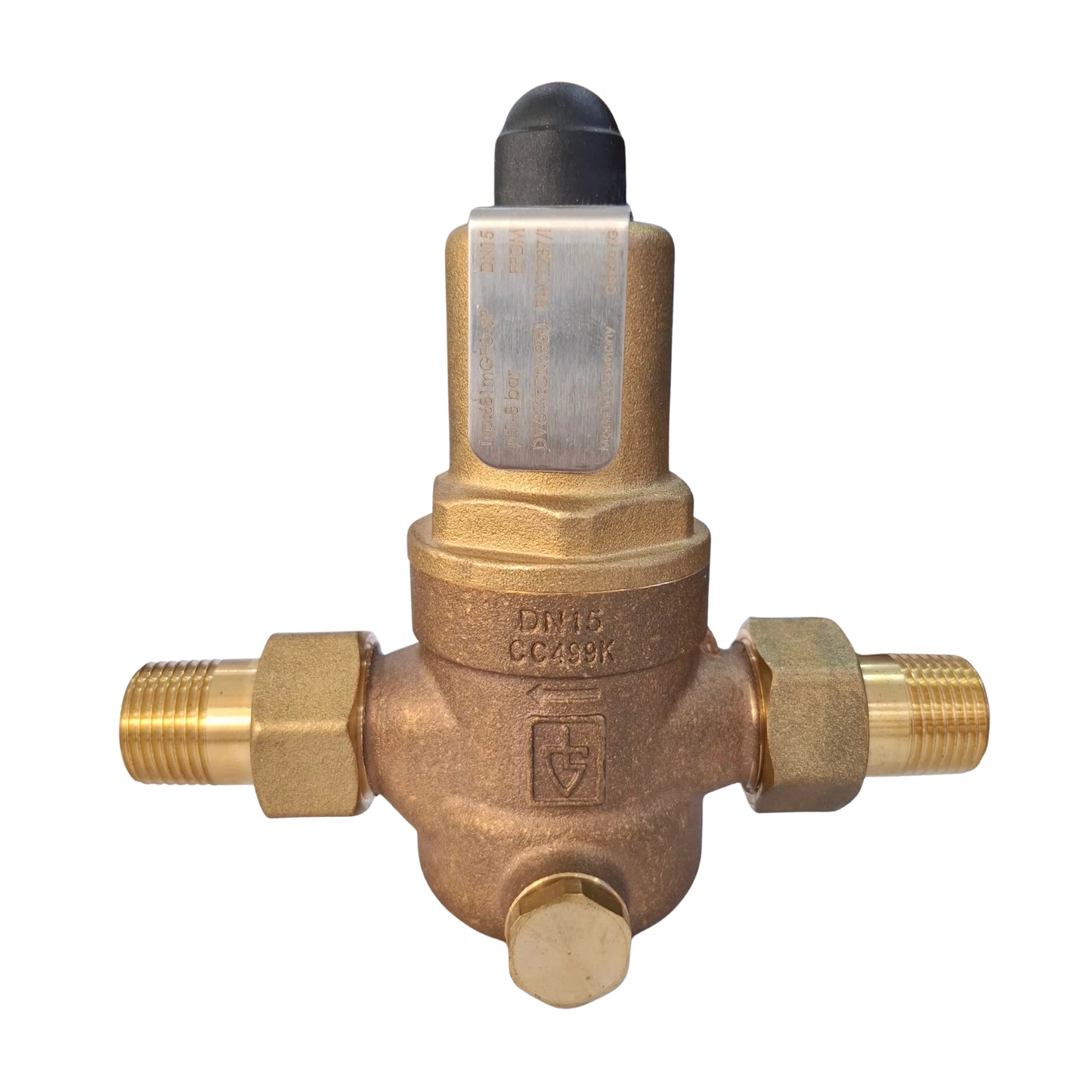 Brass pressure regulator valve on a white background