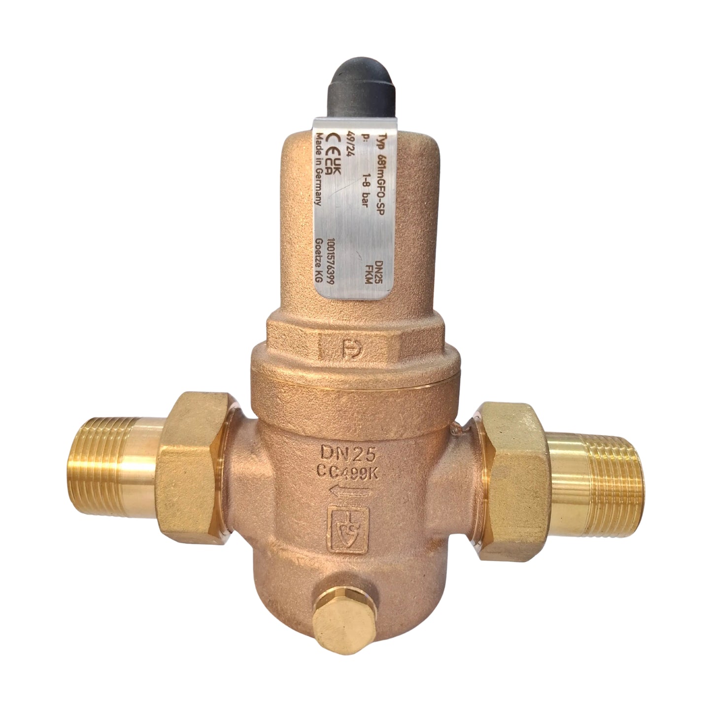 Brass pressure reducing valve with visible branding on a white background