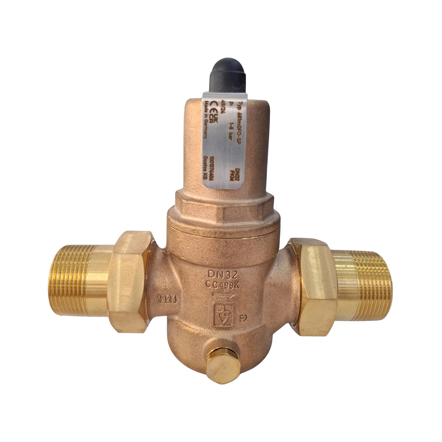 Brass valve with threaded connections on a white background