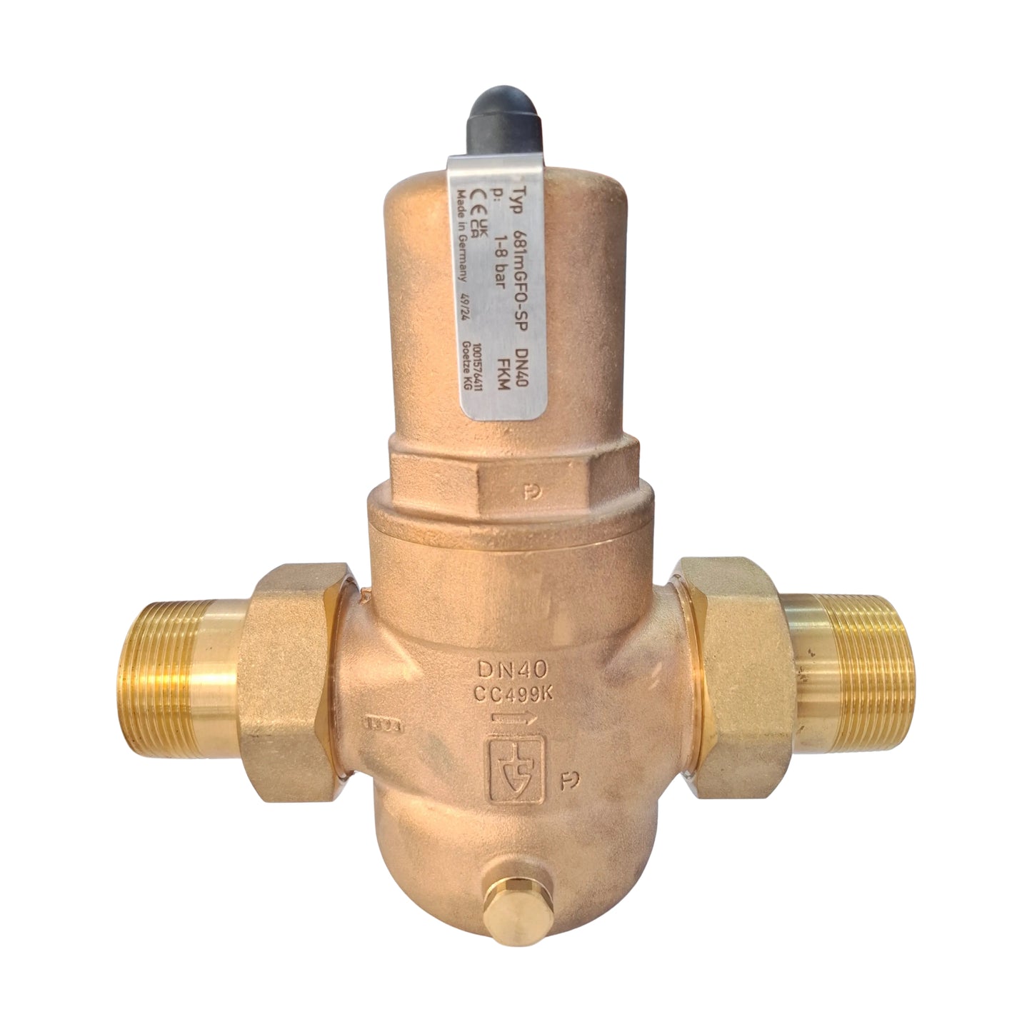 Brass pressure reducing valve with visible branding on a white background