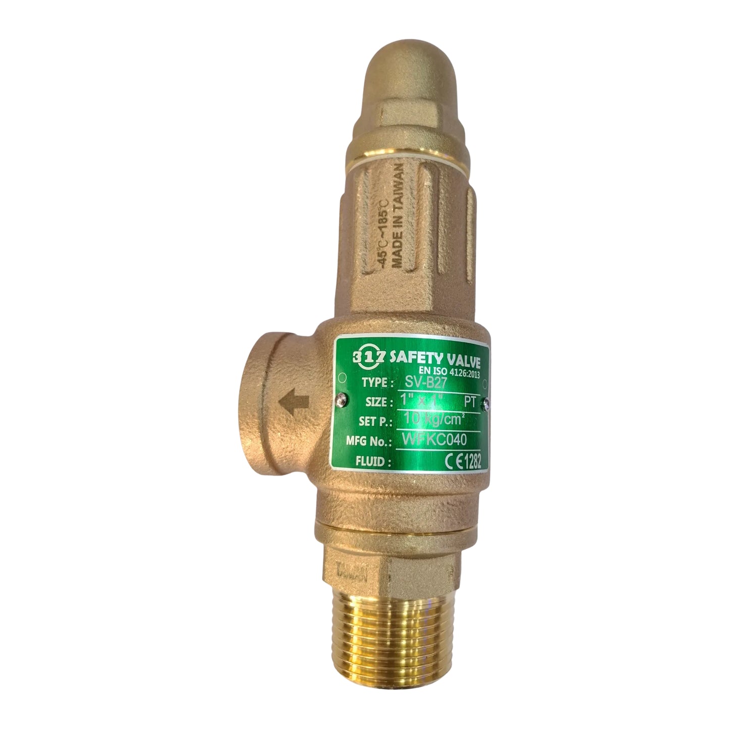 Brass safety valve with a green label on a white background