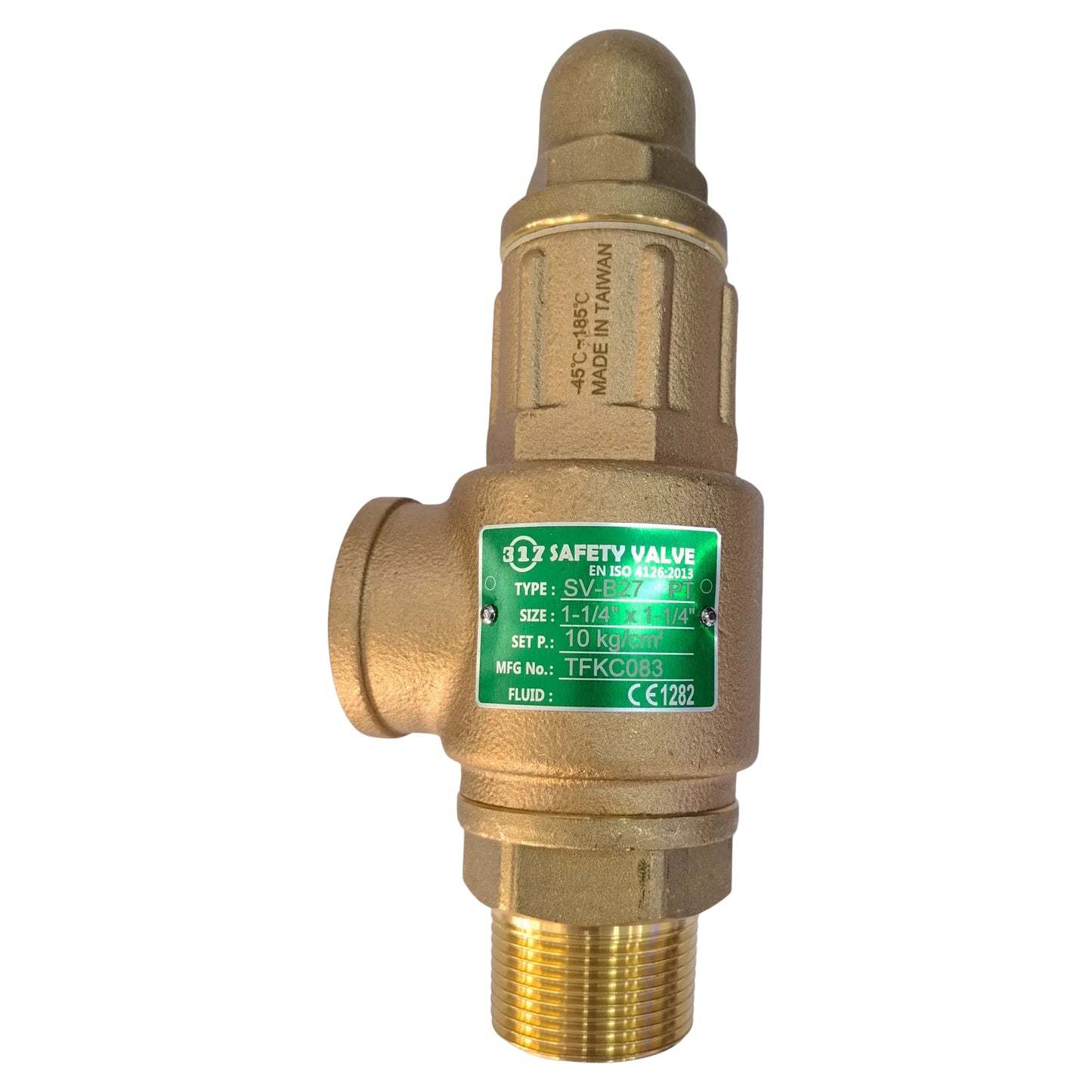 Brass safety valve with a green label on a white background