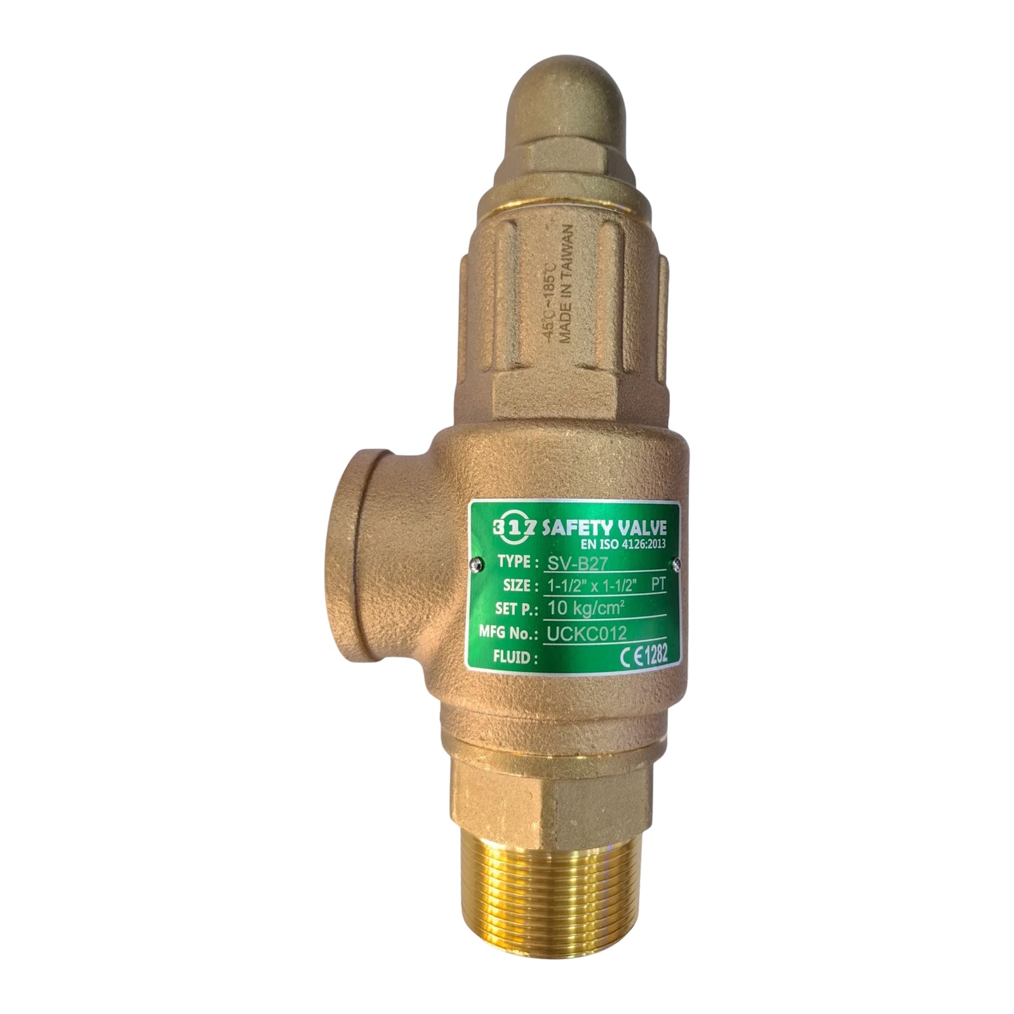 Brass safety valve with a green label on a white background