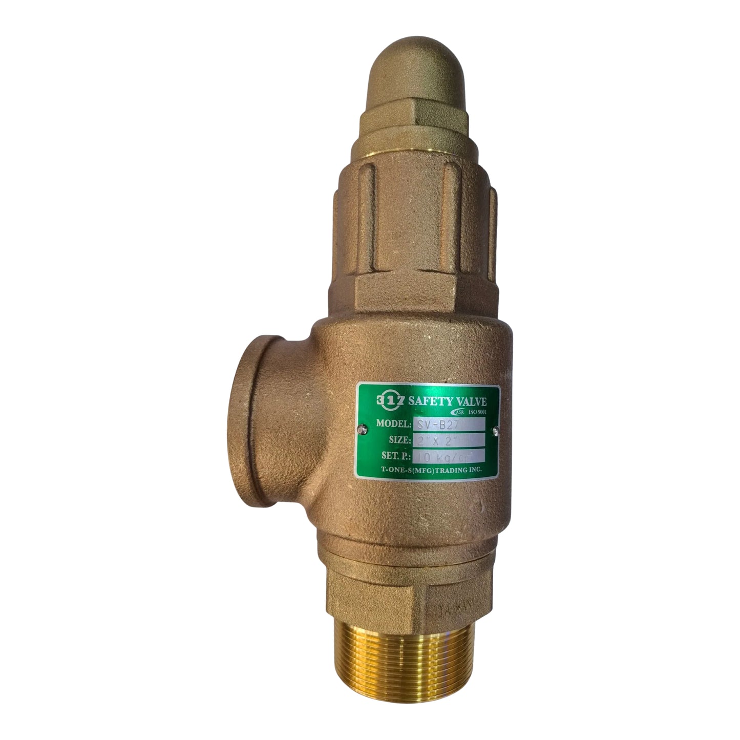 Bronze safety valve with a green label on a white background