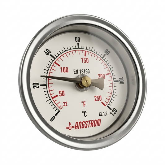 Angstrom bimetal thermometer center back mount dial 63mm scale range 0 to 120°C on white background