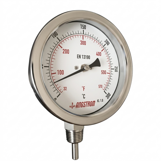 Angstrom full stainless steel bimetal thermometer dial 100mm range 0 to 300°C on white background