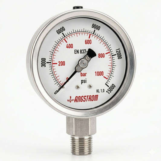 Angstrom Pressure Gauge Dial 100mm Pressure 15,000 psi lower mount on white background