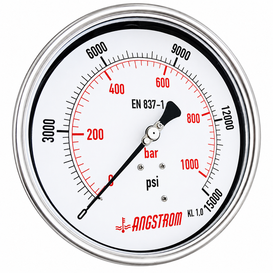 Angstrom Pressure Gauge Dial 160mm Pressure 15,000 psi lower back mount on white background