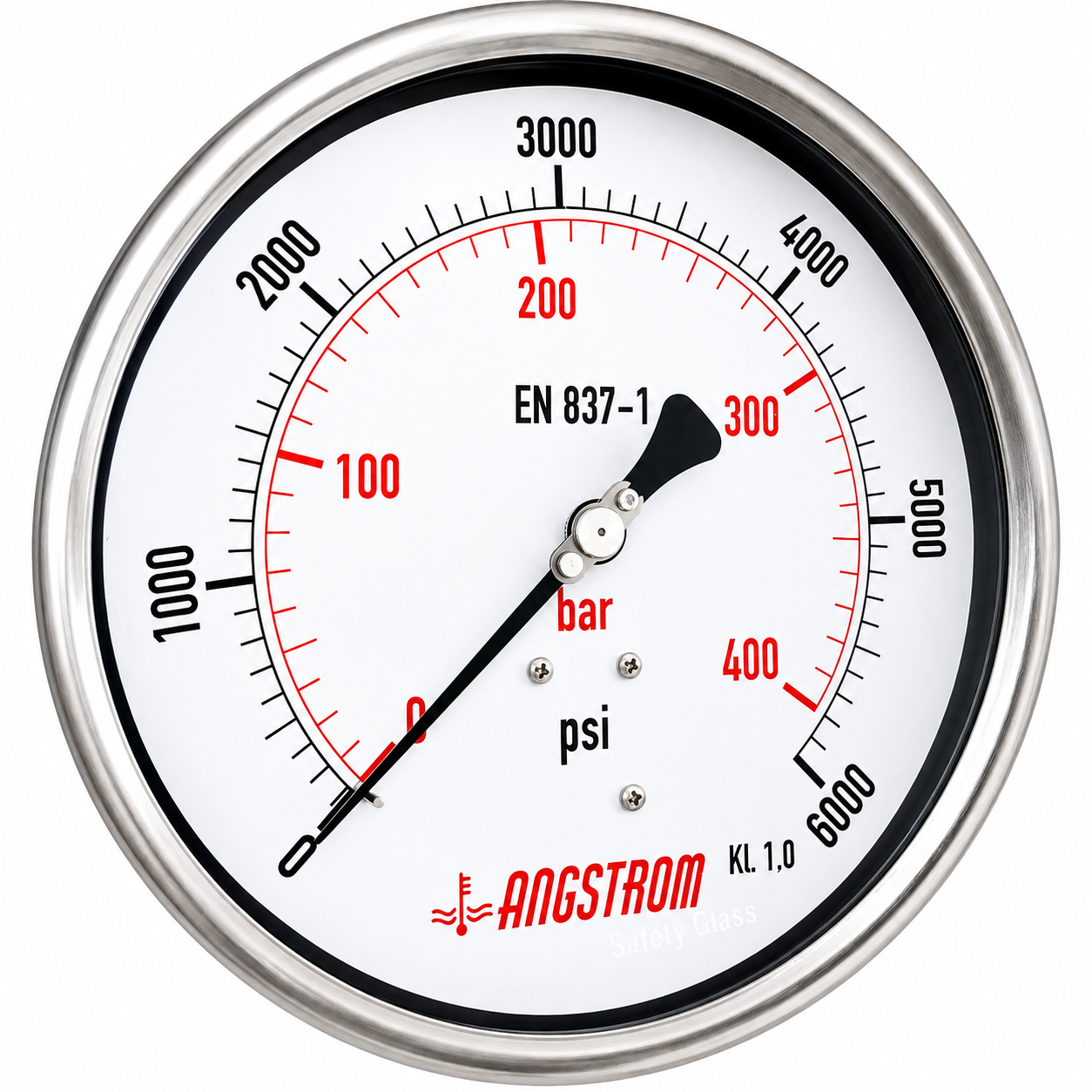 Angstrom Pressure Gauge Dial 160mm Pressure 6000 psi lower back mount on white background