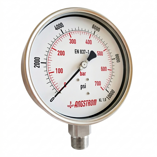 Angstrom Pressure Gauge Dial 160mm Pressure 10,000 psi lower mount on white background