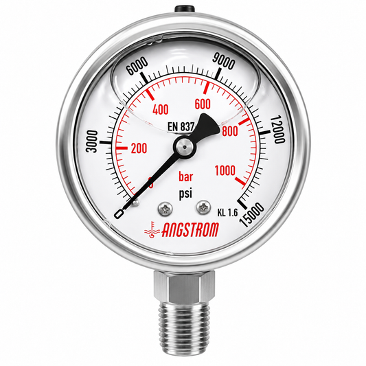 Angstrom Pressure Gauge Dial 63mm Pressure 15,000 psi lower mount on white background