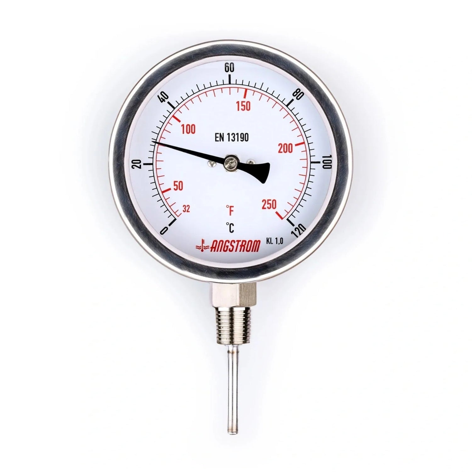 Bimetal thermometer stainless steel on white background 