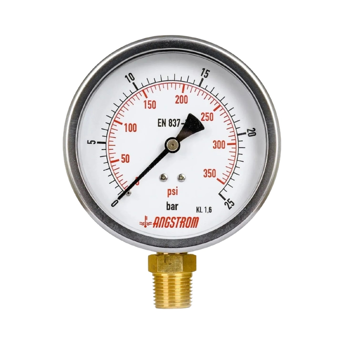 Pressure gauge with white face and red markings on a white background