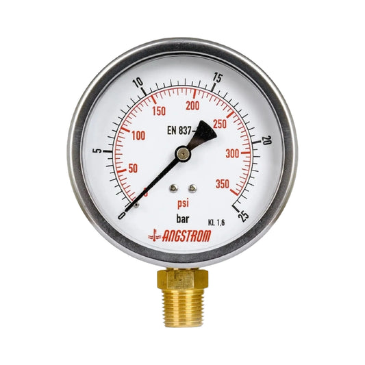 Pressure gauge with white face and red markings on a white background