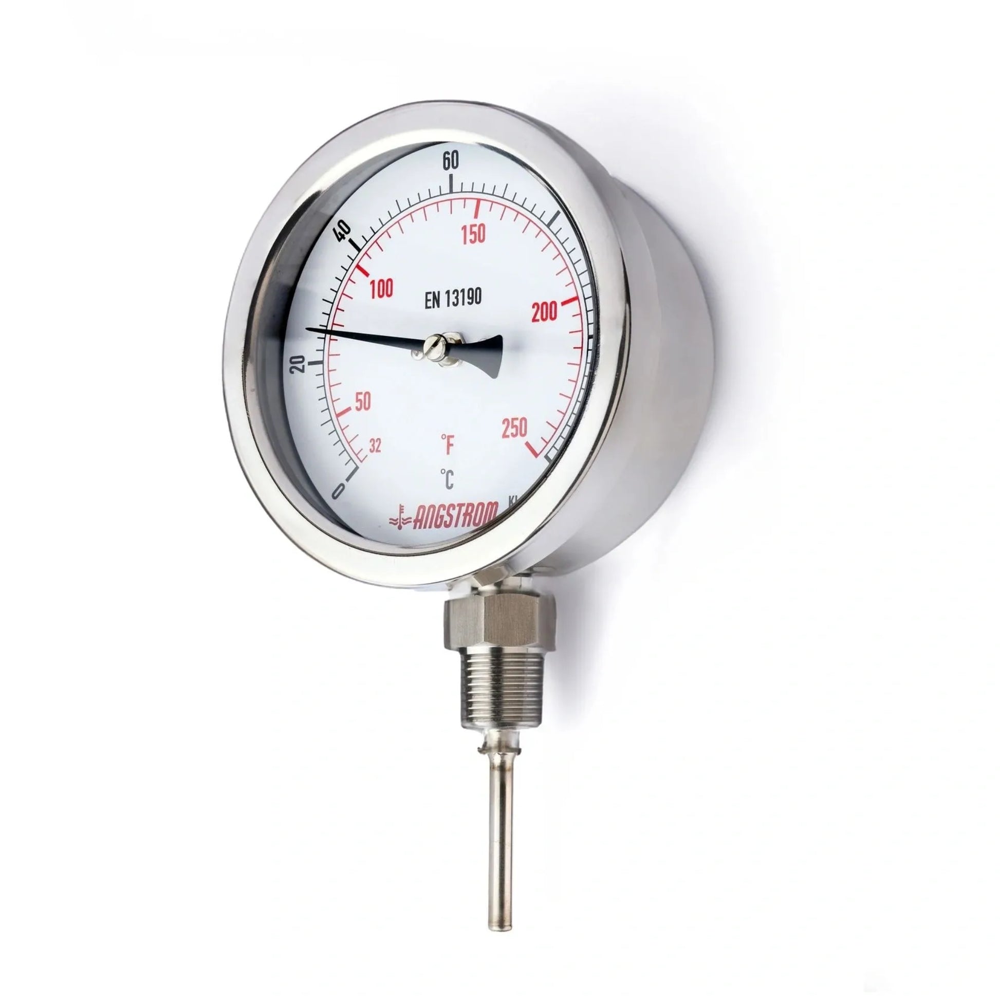 Angstrom bimetal thermometer, dial 100mm, lower mount, front side view