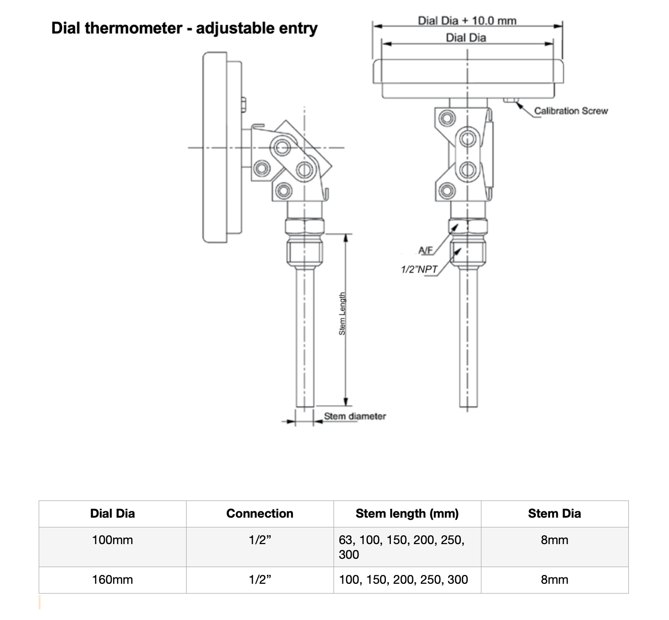 Angstrom bimetal thermometer, Adjustable angle, technical drawing