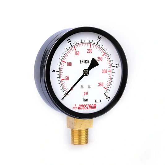 Angstrom black steel pressure gauge, dial 100mm, lower mount, 25bar