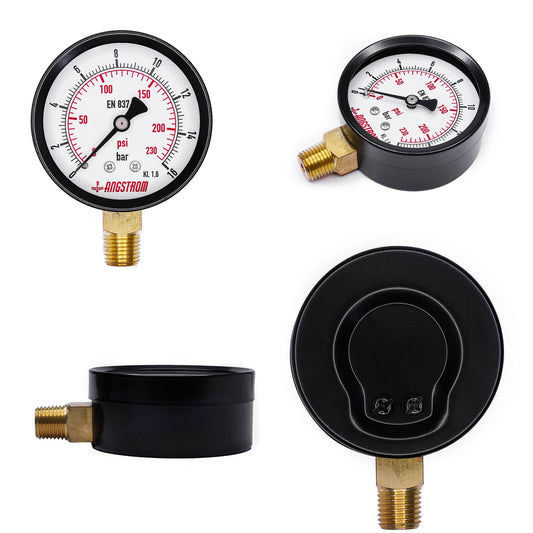 Angstrom black steel pressure gauge, dial 63mm, lower mount, all sides view