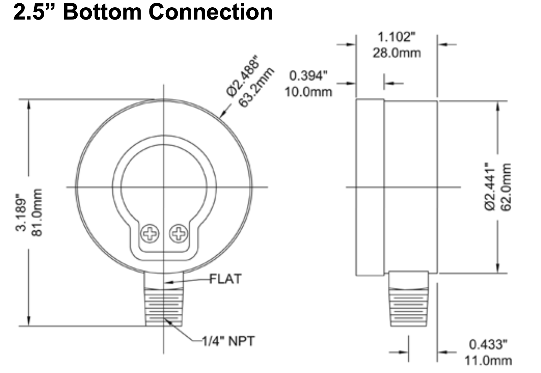 Angstrom black steel pressure gauge, dial 63mm, lower mount, technical drawing