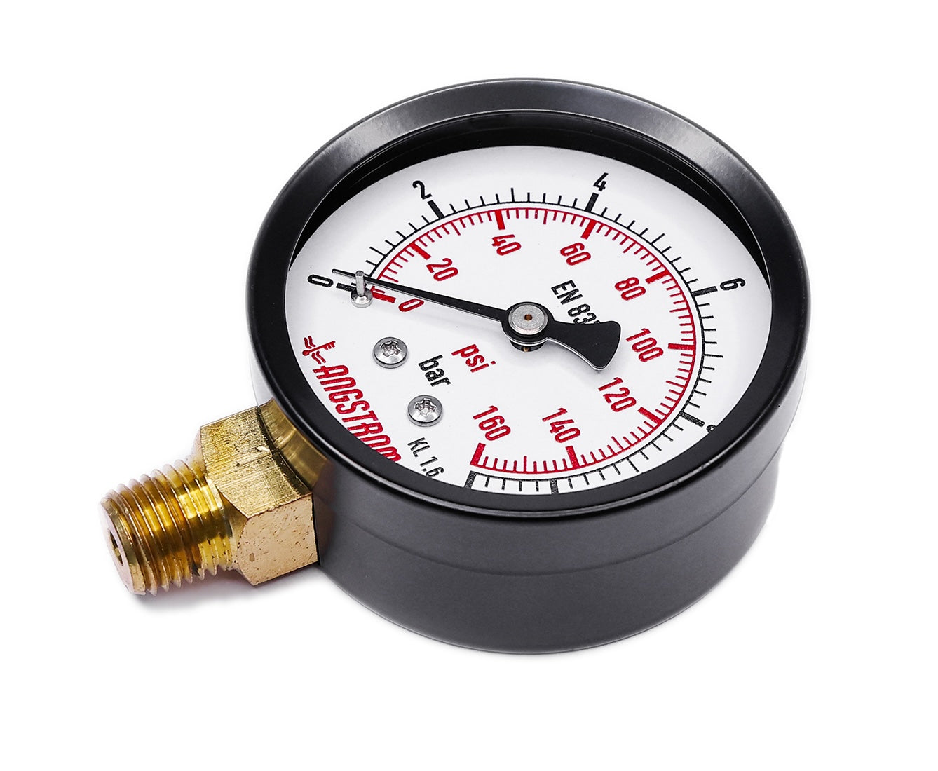 Angstrom black steel pressure gauge, dial 63mm, lower mount, top side view