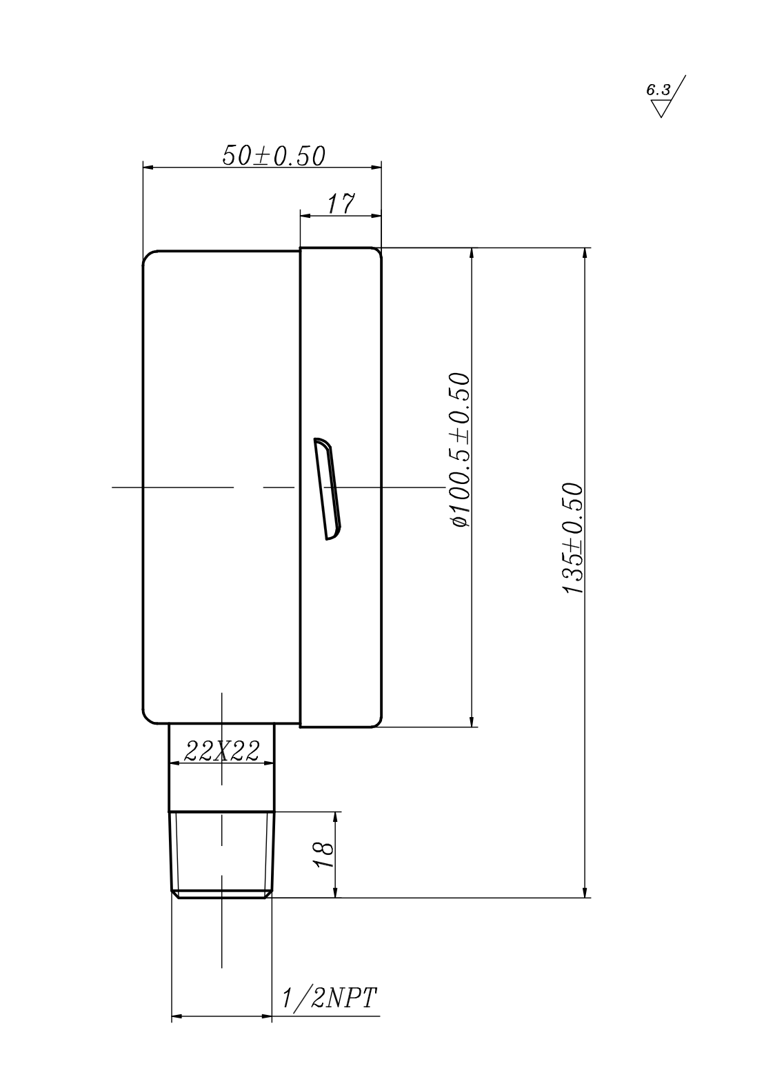 Angstrom capsule pressure gauge, dial 100mm, lower mount, technical drawing