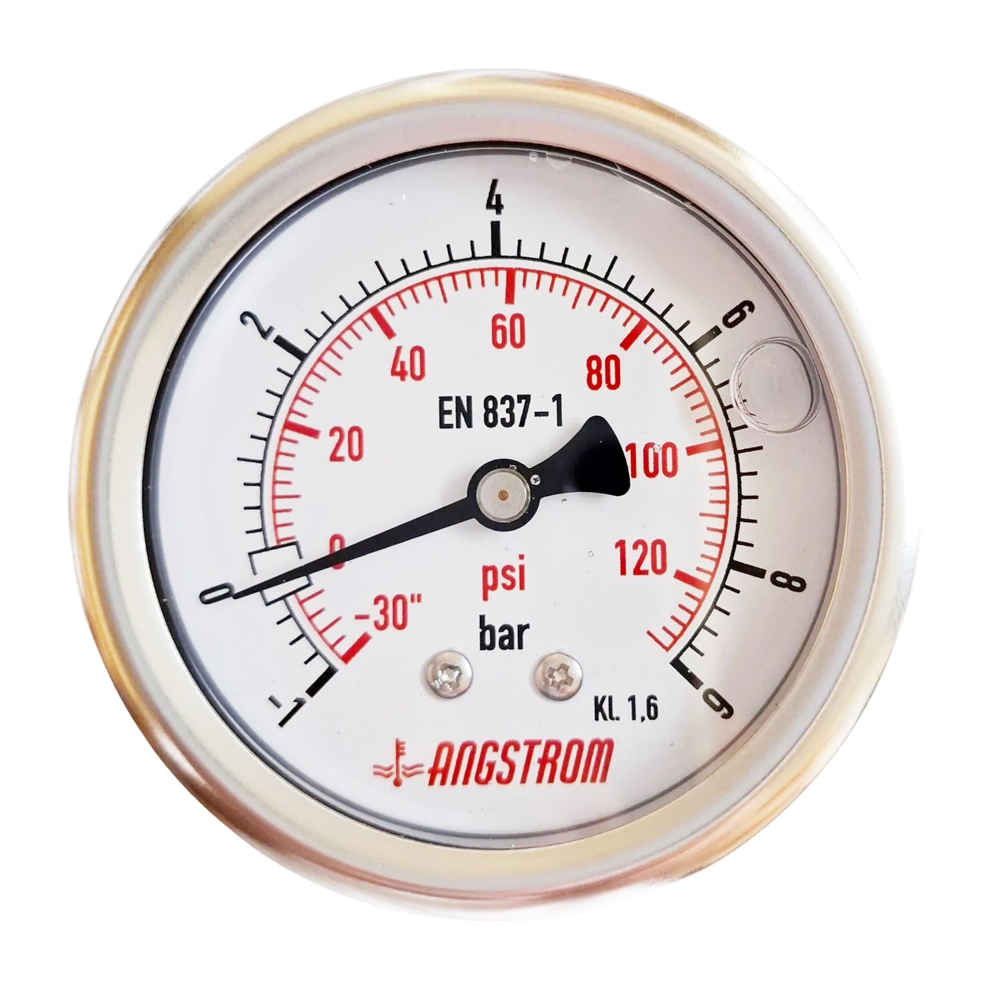 Angstrom compound pressure gauge, dial 63mm, center back mount, -1/+9bar